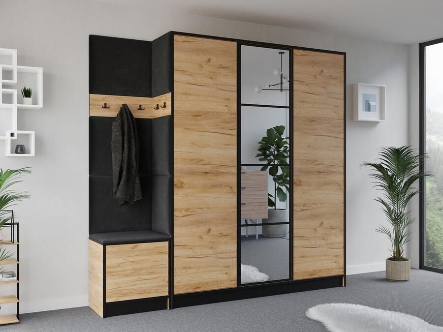Maxy-shop Halmeubel Girona met Kapstok en spiegel Eiken Zwart