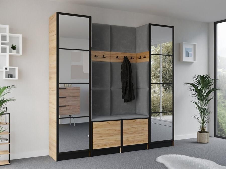 Maxy-shop Halmeubel Mataro met Kapstok en 2 spiegels Eiken Grijs