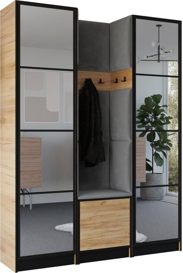 Maxy-shop Halmeubel met Kapstok en 2 spiegels Eiken Grijs