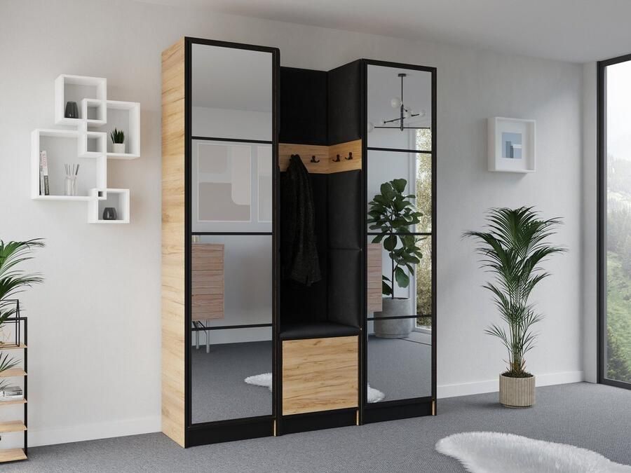 Maxy-shop Halmeubel met Kapstok en 2 spiegels Eiken Zwart