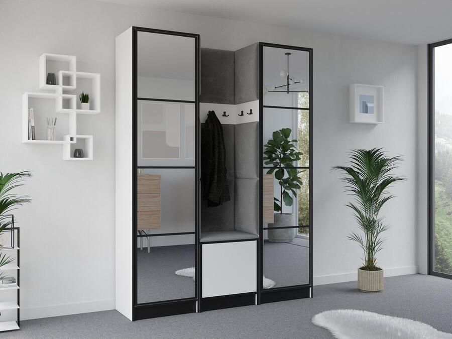 Maxy-shop Halmeubel met Kapstok en 2 spiegels Wit Zwart