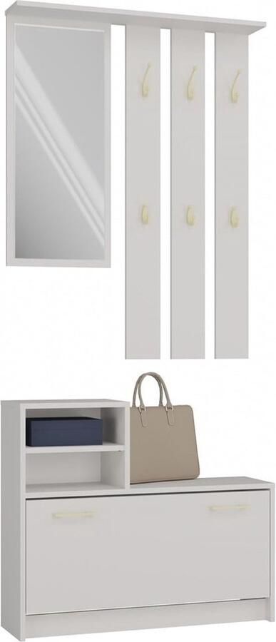 Maxy-shop Halmeubel met Spiegel Kapstok en Schoenenkast Creme