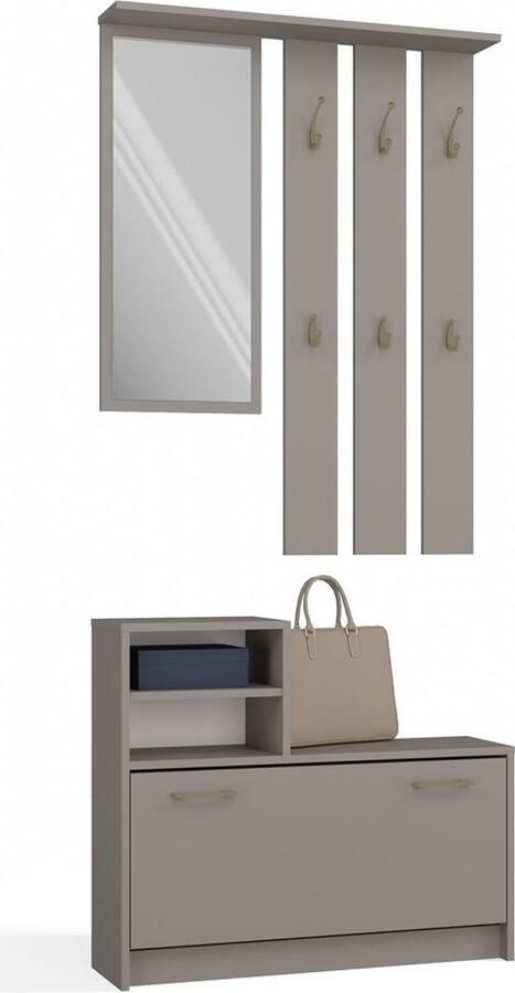 Maxy-shop Halmeubel met Spiegel Kapstok en Schoenenkast Klei