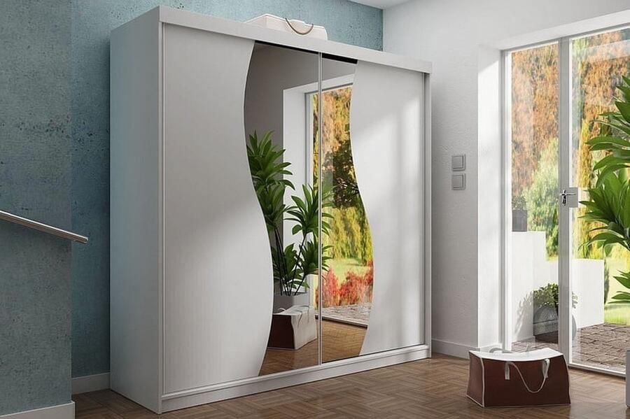 Maxy-shop Kledingkast met spiegel Wit 250 cm-Schuifdeuren-Legplanken