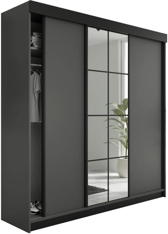 Maxy-shop Schuifdeurkast met spiegel lamaro 200 cm zwart antraciet Zwart