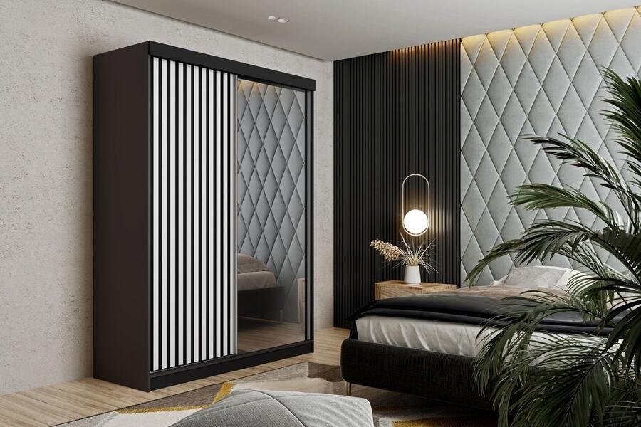 Maxy-shop Schuifdeurkast met spiegel malani 138 cm Zwart Wit