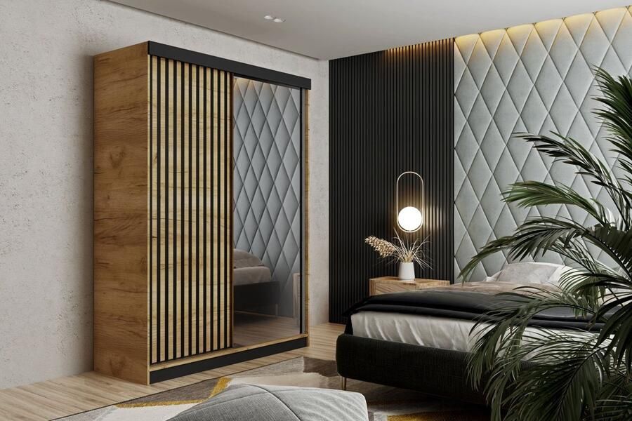 Maxy-shop Schuifdeurkast met spiegel malani 138 cm Licht Eiken Zwart