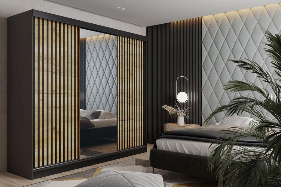 Maxy-shop Schuifdeurkast met spiegel malani 200 cm Eiken Zwart