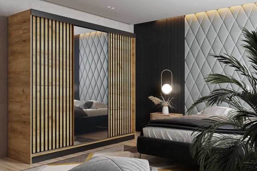 Maxy-shop Schuifdeurkast met spiegel malani 200 cm Eiken Zwart