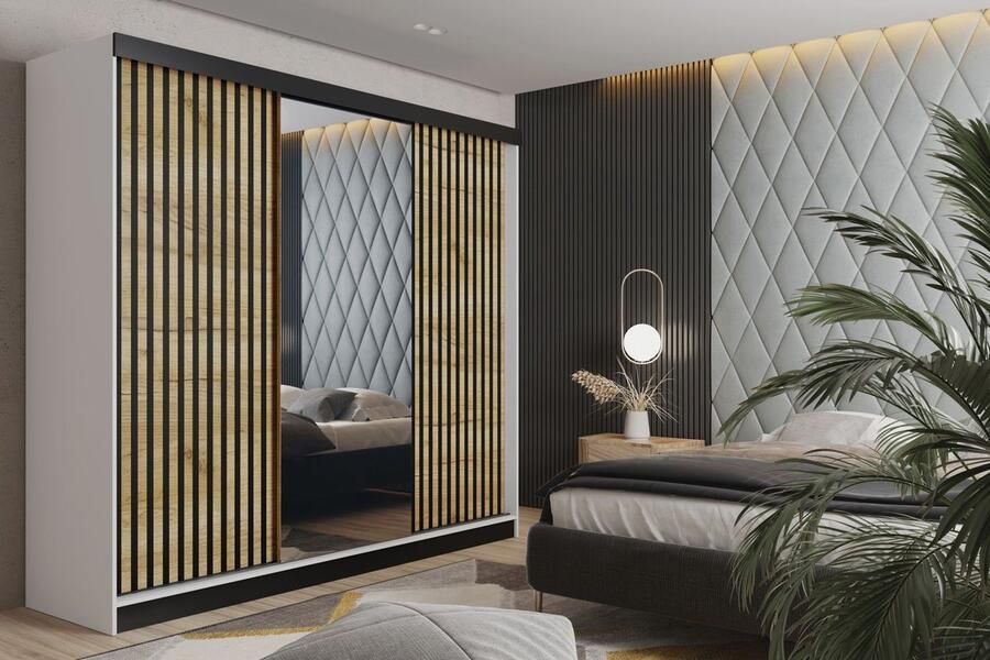 Maxy-shop Schuifdeurkast met spiegel malani 250 cm Wit Zwart Eiken