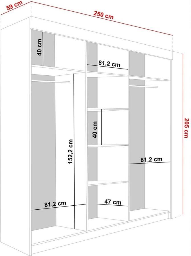 Maxy-shop Schuifdeurkast met spiegel malani 250 cm Eiken Wit Zwart