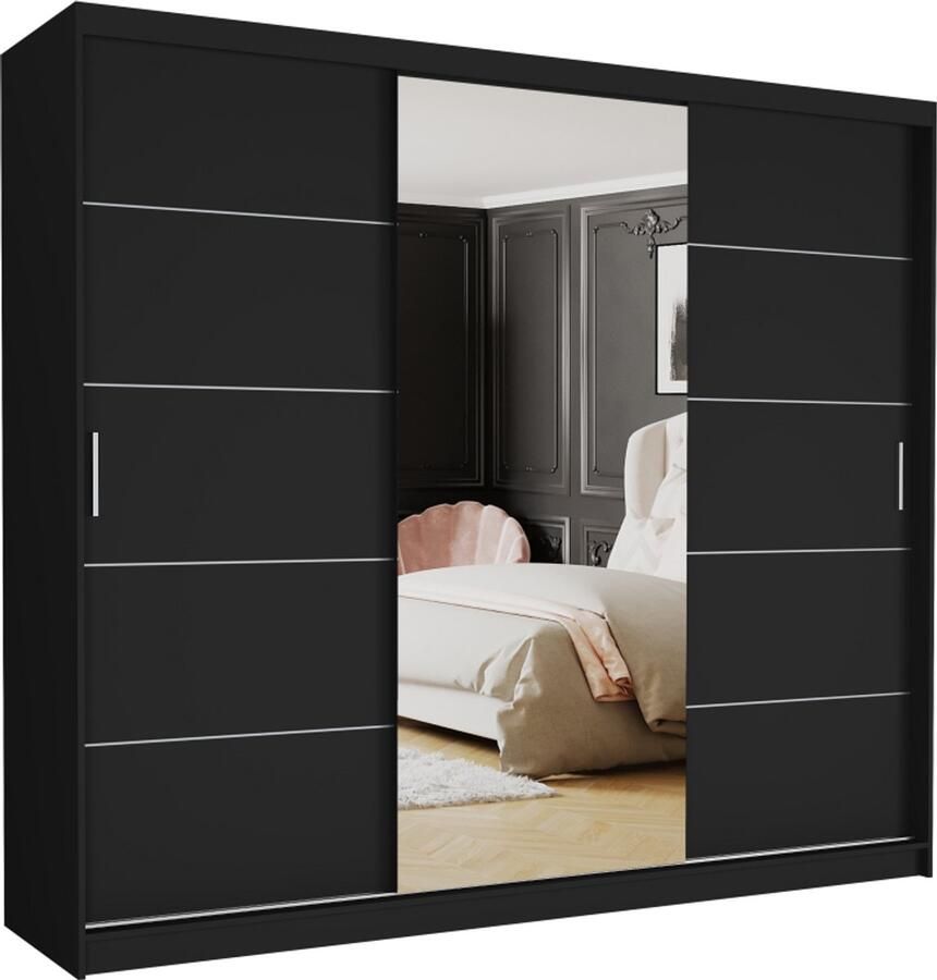 Maxy-shop Schuifdeurkast norvio met spiegel zwart 250 x 218 x 60 cm