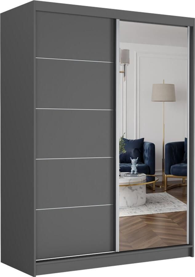 Maxy-shop Schuifdeurkast rivano met spiegel grijs 150 x 200 x 60 cm