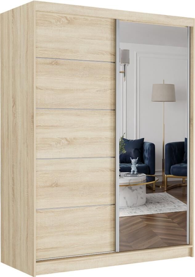 Maxy-shop Schuifdeurkast rivano met spiegel licht eiken 150 x 200 x 60 cm