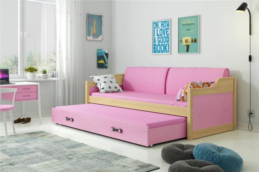 Maxy-shop slaapbank David 90 x 200 2 laags incl matras Licht eiken roze