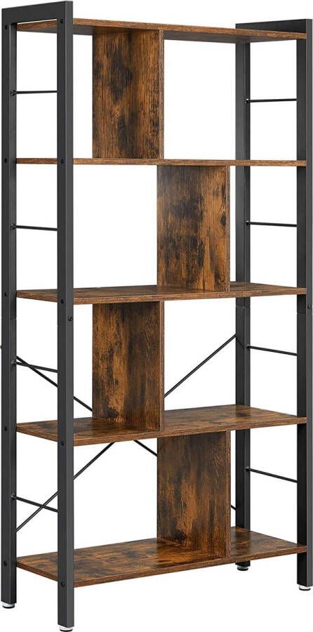 MAZAZU -boekenplank met 4 niveaus vrijstaande plank boekenkast kantoorplank industrieel ontwerp voor woonkamer kantoor studeerkamer groot metalen frame vintage bruin-zwart Saar
