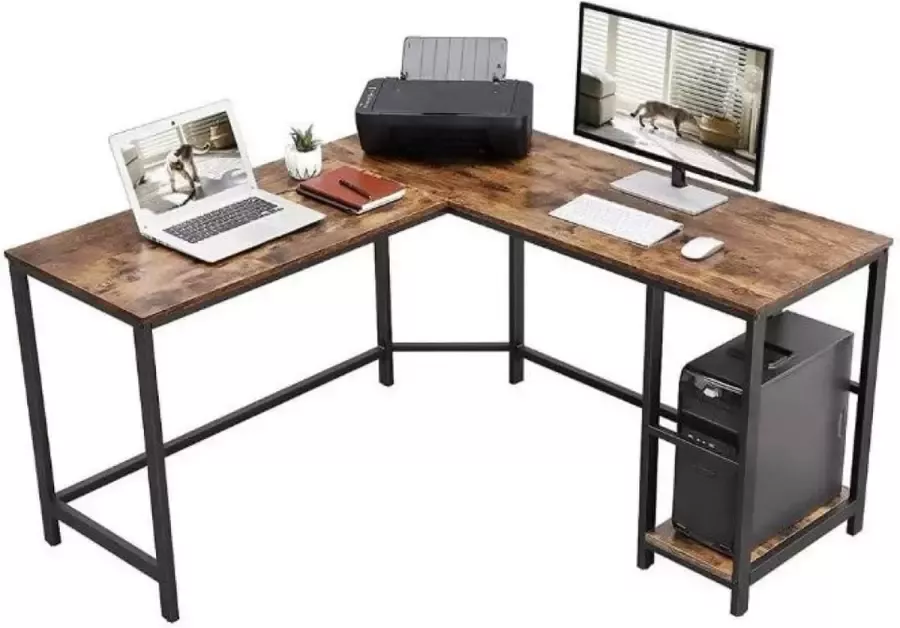 MAZAZU Bureau Laptop tafel L-vormig Hout Metaal Bruin Zwart 138x138x75