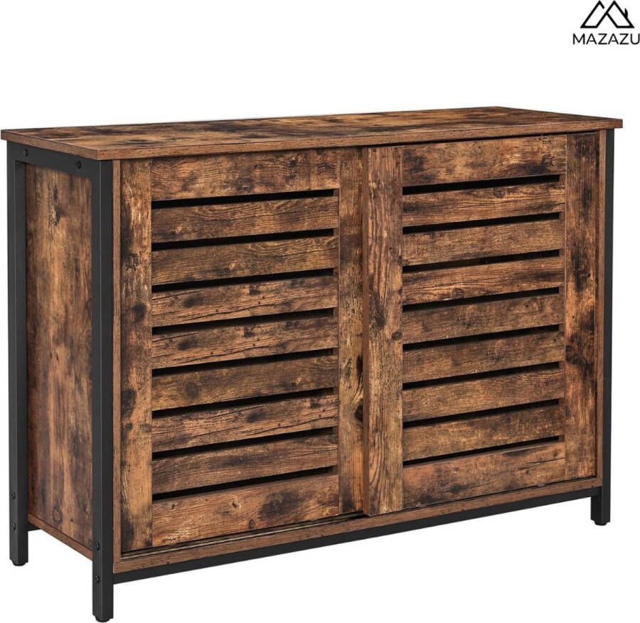 MAZAZU Industrieel Dressoir – Kast met Schuifdeuren 100x35x70 cm – Hout & Staal – Bruin Zwart – Opbergkast Woonkamer - Foto 3