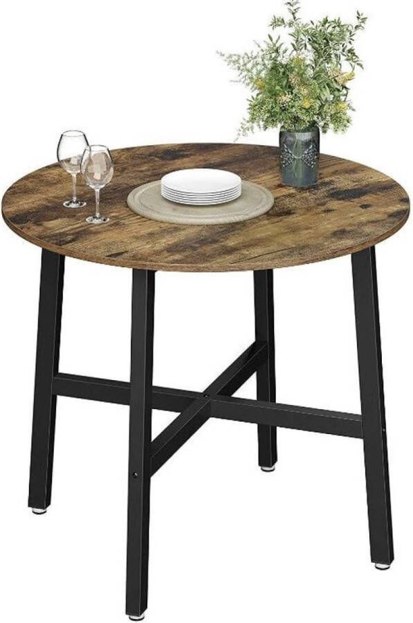 MAZAZU MIRA Home Eettafel klein Ronde keukentafel Industrieel Hout Metaal Zwart Bruin 80x75