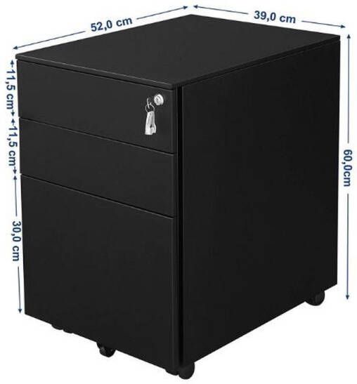 MAZAZU Kantoorkast Archiefkast met Slot Mobiele Dossierkast op Wielen 3 Lades Compacte Bureau-oplossing 52x39x60 cm