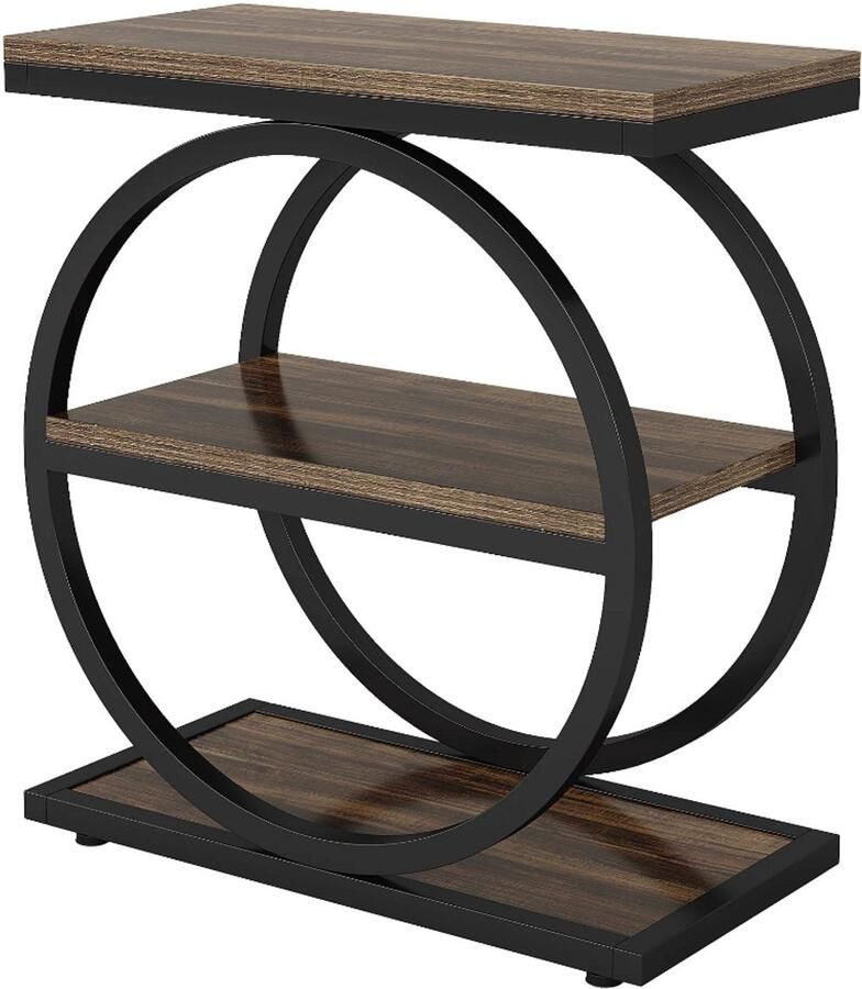 MAZAZU Bijzettafel – Industrieel Design – Rond Frame met Opbergplanken – Zwart Houtkleur – 60x30x65 cm