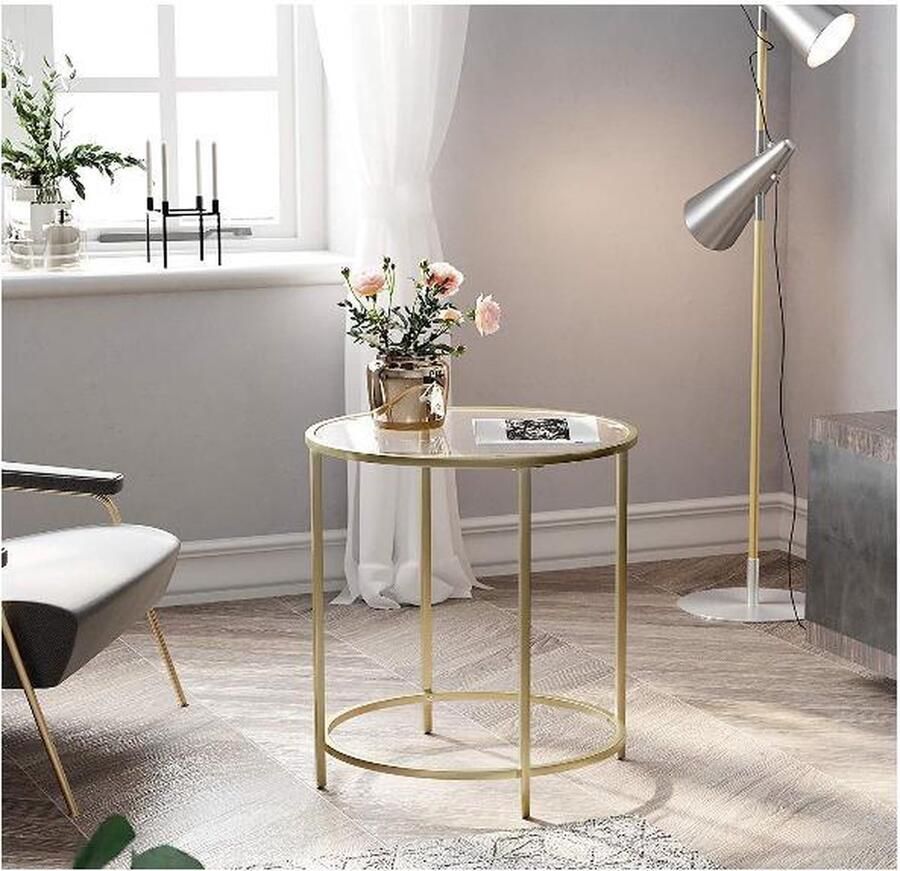 MAZAZU MIRA Home Bijzettafel rond Nachtkastjes Klassiek Glas Metaal Goud 55x50x55
