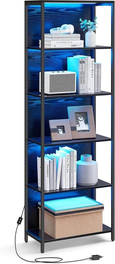 MAZAZU Boekenkast met Verstelbare Ledverlichting Ebbenzwart 30 3x60x178 6