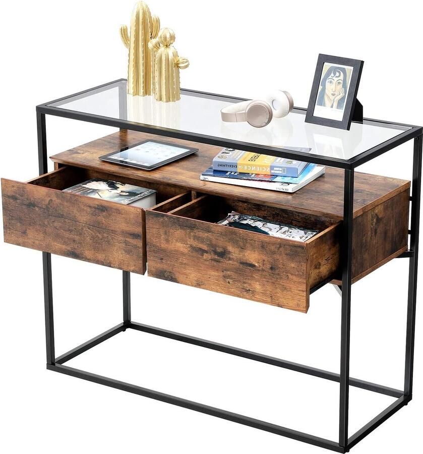 MAZAZU Consoletafel Bijzettafel voor Hal & Woonkamer Glazen Tafelblad Elegant Houtlook Frame 100x40x80cm - Foto 2