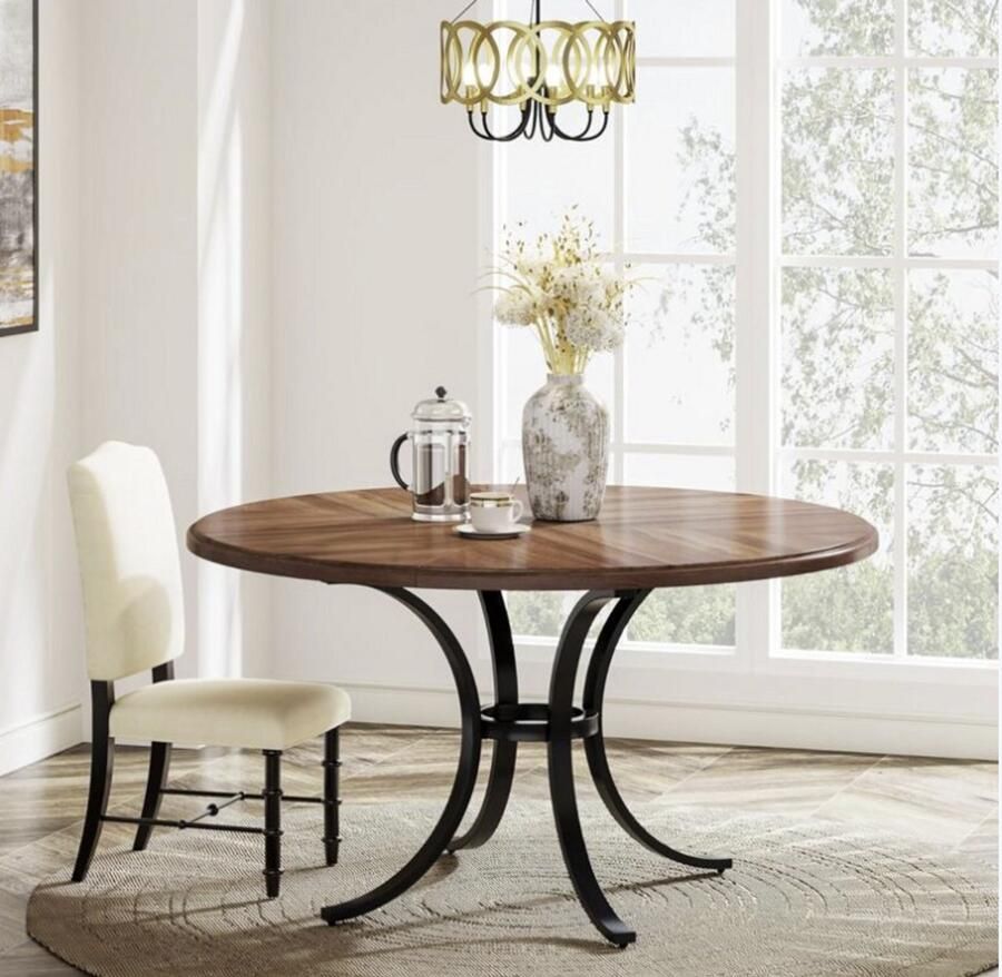 MAZAZU Eettafel rond Houten Tafel Industrieel Bruin Zwart 120x120x76cm