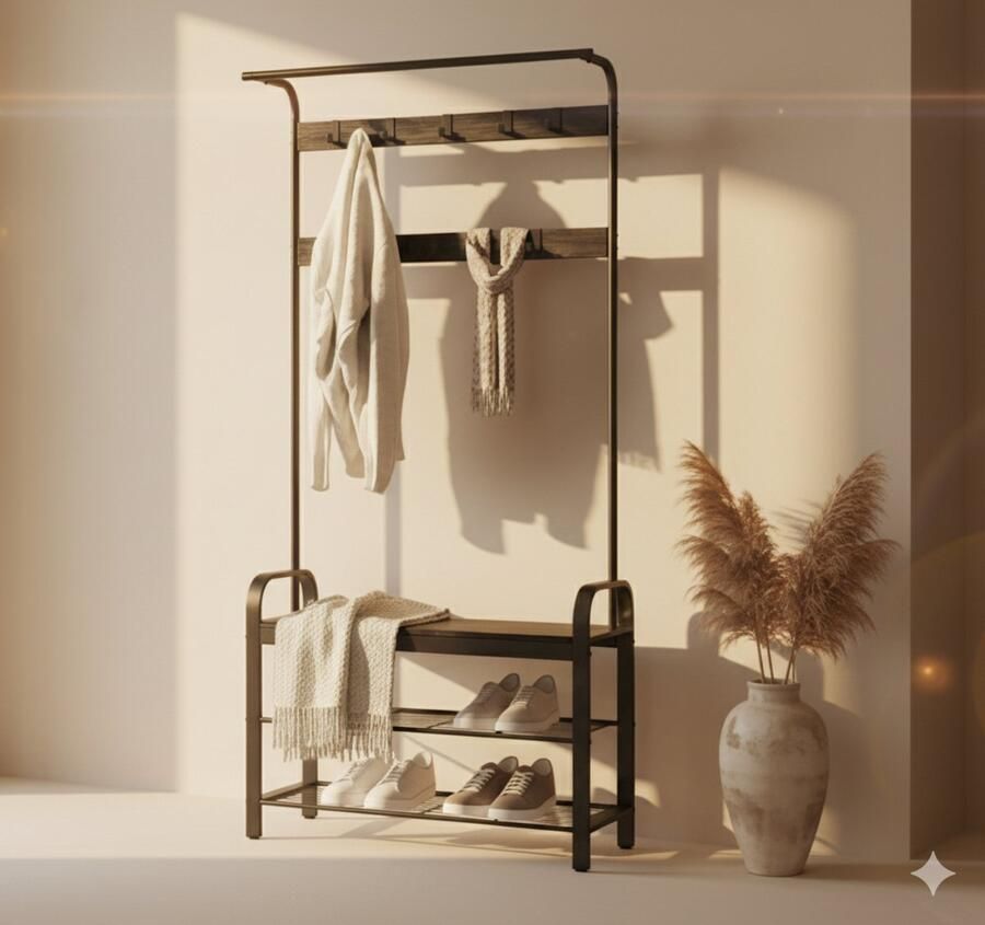MAZAZU MIRA Home Garderoberek Kapstok Kledingrek Schoenenrek Zwart Metaal Spaanplaat 84x33 7x183 - Foto 2
