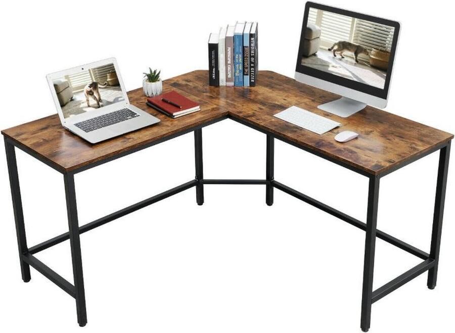 MAZAZU Hoekbureau – L-Vormig Computerbureau – Industrieel Design – Hout & Metaal – Vintage Bruin Zwart – 149x149x75 cm