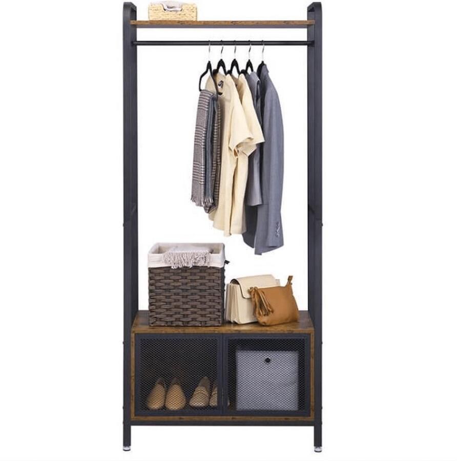 MAZAZU Industriële Kapstok met Schoenenrek en Hoedenplank Houten en Metalen Kapstok voor Hal en Gang Compacte Opslagoplossing 80x40x180 cm