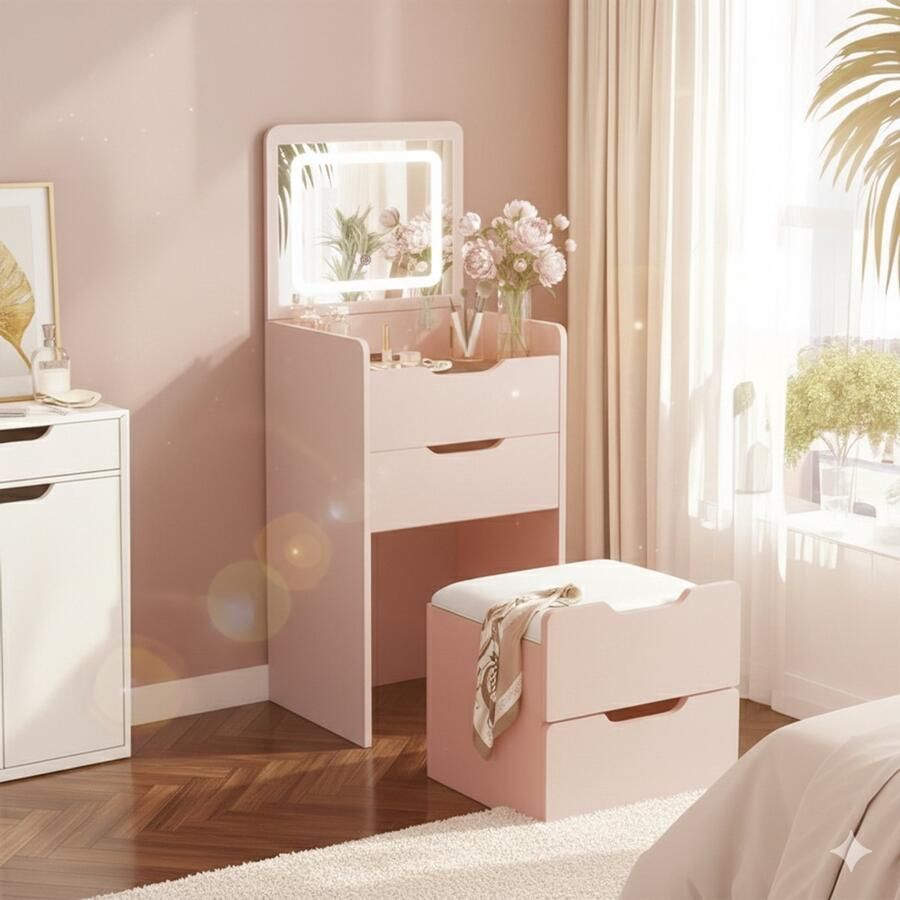 MAZAZU Kaptafel LED Spiegel Krukje – Compacte Make-up Tafel – Roze – 120x48x40 cm