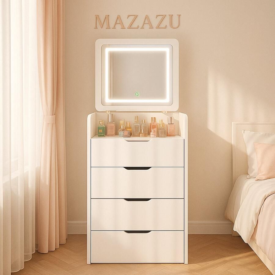 MAZAZU Kaptafel LED Spiegel Krukje – Compacte Make-up Tafel – Wit – 120 x 48 x40 cm