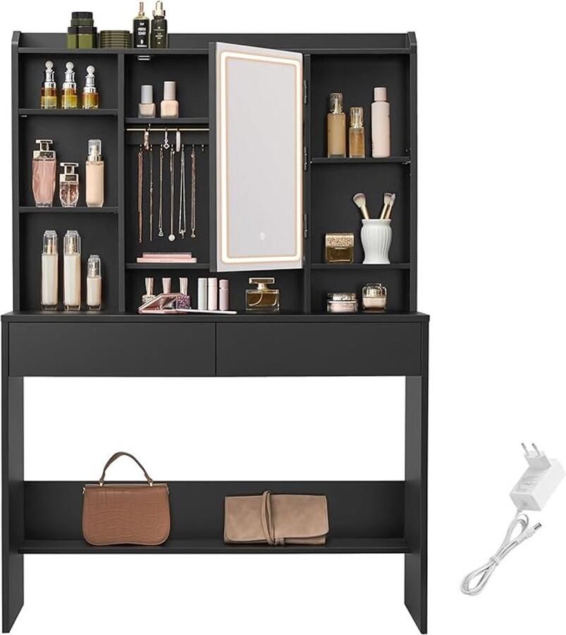 MAZAZU Kaptafel Make-up tafel Zwart LED-verlichting 40x90x144 7