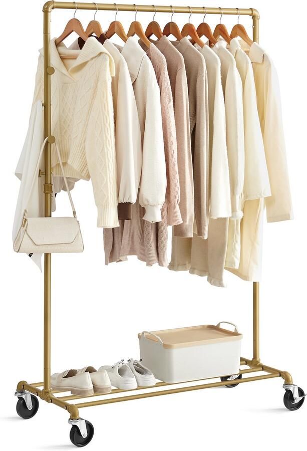 MAZAZU Kledingrek Opbergrek Kapstok Schoenenrek Goud Garderoberek Met Haken 100x49x163cm