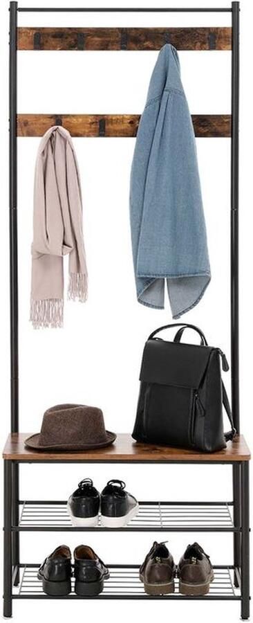 MAZAZU MIRA Garderoberek Kapstok met zitbank en schoenenrek Multifuctioneel Industrieel 70Lx32Bx175H Bruin zwart