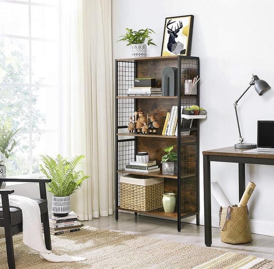 MAZAZU MIRA Home Boekenkast Boekenrek Industrieel Spaanplaat Bruin Zwart 74x30x155