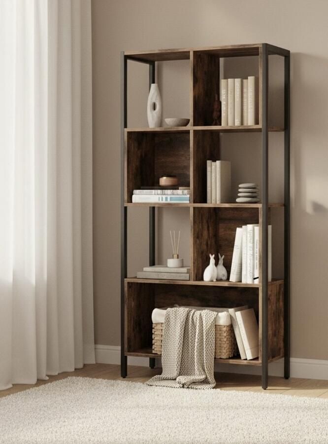 MAZAZU MIRA Home – Boekenkast Industrieel – Open Kast met Planken – Hout en Metaal – Opbergkast Woonkamer en Kantoor – 74x29 6x154 5 cm