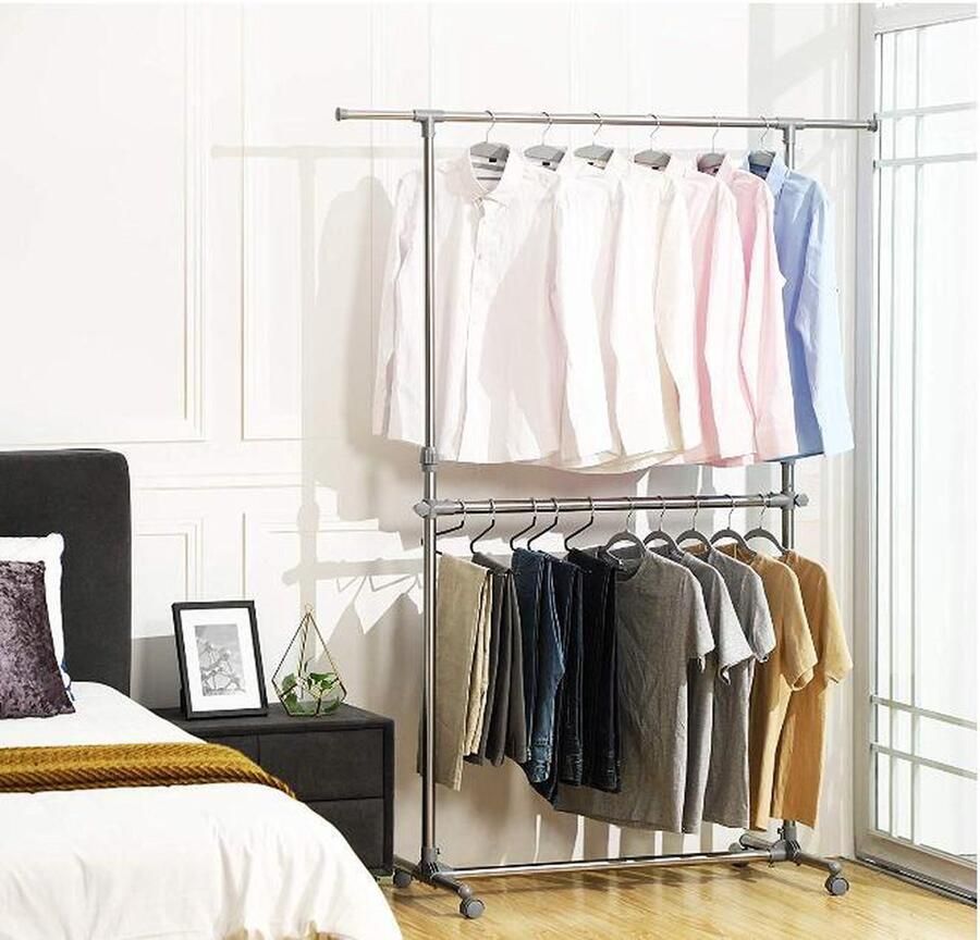 MAZAZU Kapstok Kledingrek Dubbel garderoberek Kledingstandaard Verstelbaar Industrieel RVS Zilver 101-163x49x113-198