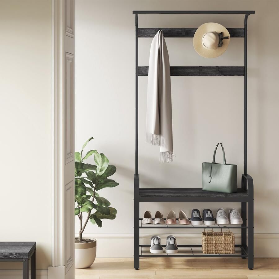 MAZAZU MIRA Home Garderoberek Kapstok Kledingrek Schoenenrek Zwart Metaal Spaanplaat 84x33 7x183