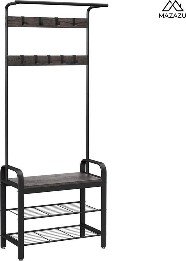 MAZAZU MIRA Home Garderoberek Kapstok met zitbank en schoenenrek Multifuctioneel Industrieel Donkergrijs Zwart- 72x33 7x183 - Foto 4