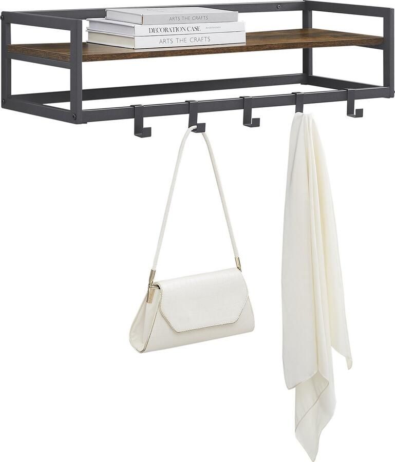 MAZAZU MIRA Home Industriële Wandkapstok Rustieke Houten Plank 6 Moderne Haken Zwart Metalen Frame Gemakkelijk op te Hangen 80 cm breed Praktisch en Groots in Design - Foto 2