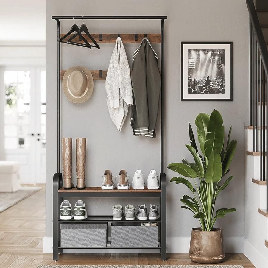 MAZAZU MIRA Home Kapstok Staande kapstok Schoenenrek Zitje Kledingrek 9 verwijderbare haken Houtlook Metaal Industrieel Zwart Bruin Vintage Hal Slaapkamer Woonkamer 84x33 7x183