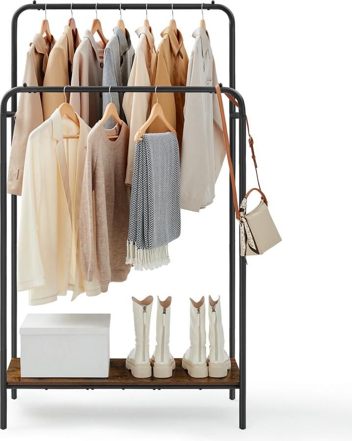 MAZAZU MIRA Home Kledingrek met 2 stangen Garderoberek Kledingrek dubbel schoenenrek Bruin Zwart 94.8x40x169.8