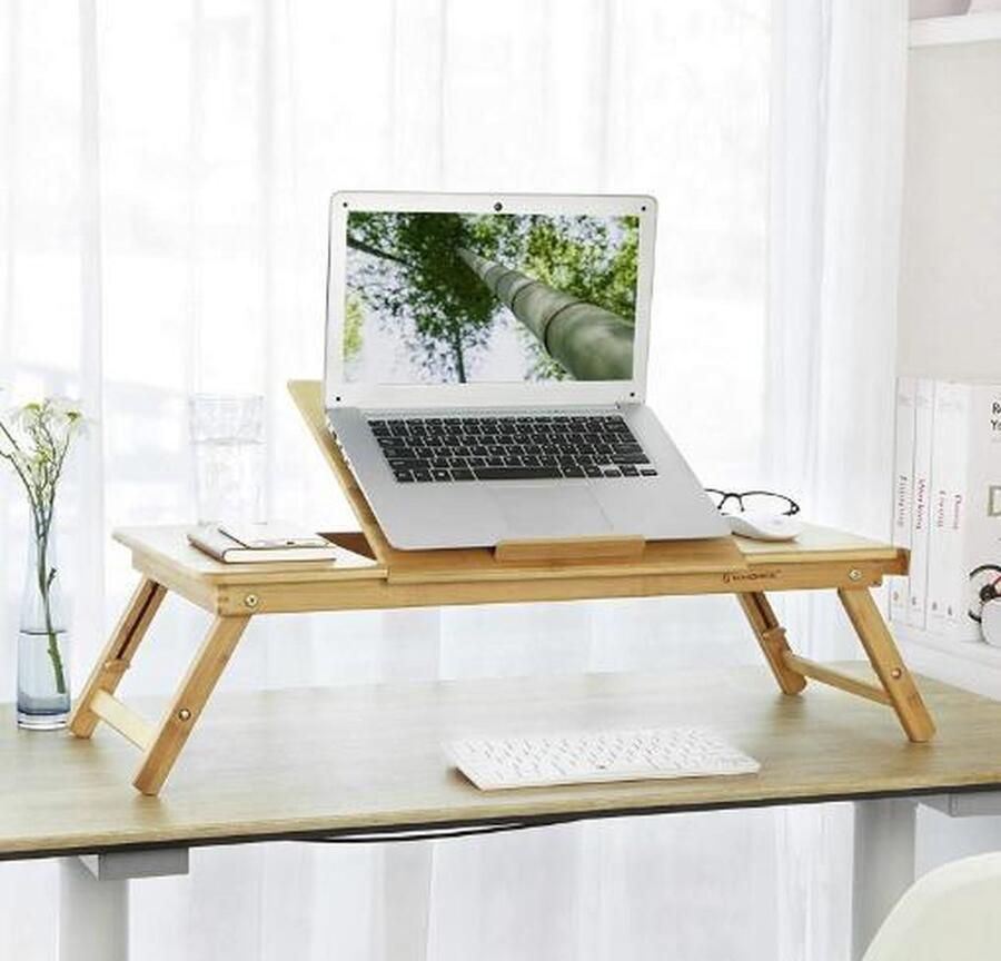 MAZAZU MIRA Home Laptoptafel Bedtafel Laptopstandaard Tafel Bijzettafel Lichtbruin Bamboe 72x(21 – 29)x35cm