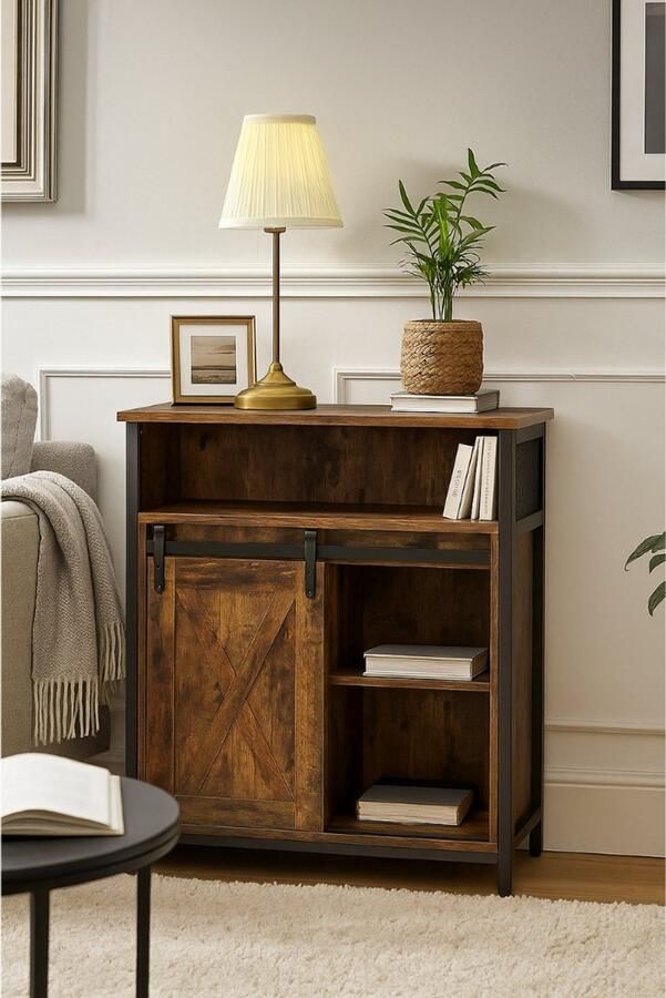 MAZAZU MIRA Home Opbergkast met Schuifdeur – Industrieel Kastje 70x30x80 cm – Bruin Zwart – Hout & Metaal – Wandkast met Open en Gesloten Planken