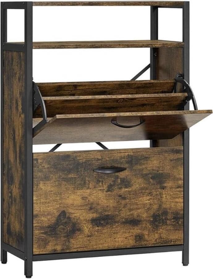 MAZAZU MIRA Home Schoenenkast Schoenenrek Bruin Zwart Spaanplaat Staal 30x60x95