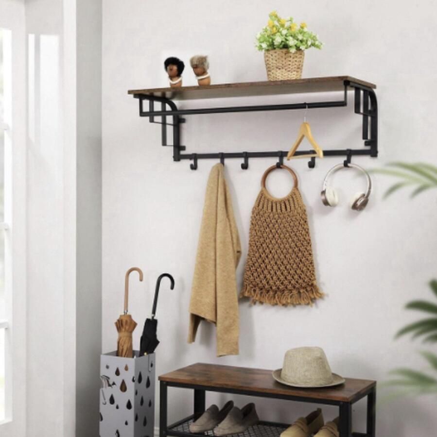 MAZAZU MIRA Home Wandkapstok Kapstok Bruin Zwart Spaanplaat Staal 30x88x27