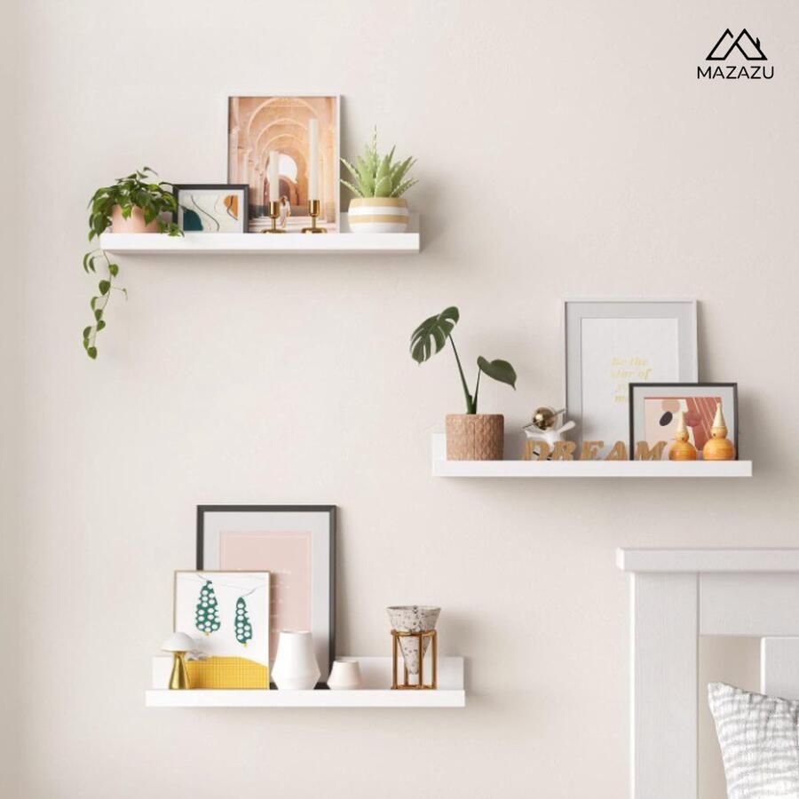 MAZAZU MIRA Home Wandplanken Wandplank Muurdecoratie Fotolijstplank Set van 3 Wit Hout 44x17x17cm